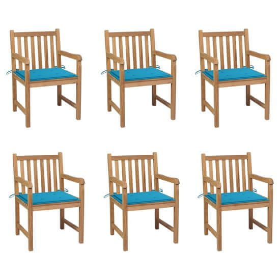 shumee 6 db tömör tíkfa kerti szék kék párnákkal