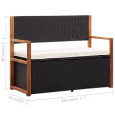 Greatstore fekete polyrattan és tömör akácfa tárolópad 115 cm