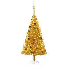 Vidaxl aranyszínű PET megvilágított műkarácsonyfa gömb szettel 150 cm 3077518