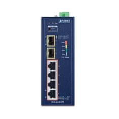 Planet IGS-624HPT Ipari kapcsoló 4x 1Gb RJ-45 + 2x 1Gb SFP, PoE+ 802.3at 36/120W, IP40, DC12-56V, -40/+75°C, ventilátor nélkül