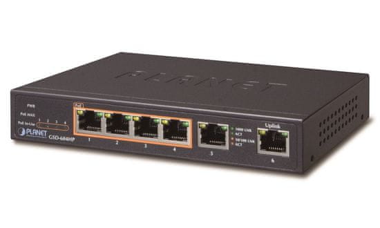 Planet GSD-604HP PoE switch 1Gbps, 6xTP, 4xPoE 802.3at/af 30W/55W, ventilátor nélkül