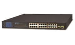 Planet GSW-2620VHP PoE switch, 24x1Gb + 2xSFP 1Gb, LCD, VLAN, bővítési mód 10Mb-250m, 802.3at, 802.3az, 300W PoE Budget