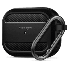 Spigen Bluetooth fülhallgató töltőtok tartó, szilikon, vezeték nélküli töltés támogatás, karabiner, Apple AirPods Pro kompatibilis, Rugged Armor, fekete (RS98484)