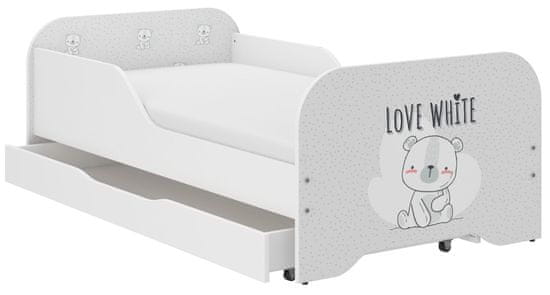 Wooden Toys MIKI gyerekágy 160x80cm matraccal és ágyneműtartóval - fehér maci