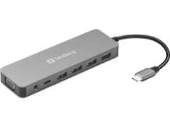 Sandberg USB-C Travel Dock, utazási dokkoló állomás 13 az 1-ben, USB port, HDMI, VGA, Ethernet port...