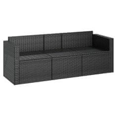 Greatstore fekete 3 személyes polyrattan kerti kanapé párnákkal