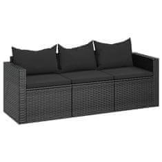 Greatstore fekete 3 személyes polyrattan kerti kanapé párnákkal