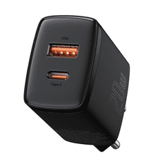 BASEUS Hálózati töltő adapter, 20W, USB aljzat, USB Type-C aljzat, gyorstöltés, PD 3.0, QC 3.0, Compact, fekete (RS109416)