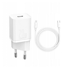 BASEUS Hálózati töltő adapter, 20W, USB Type-C aljzat, USB Type-C - Lightning kábellel, gyorstöltés, PD, Si, fehér (RS112767)