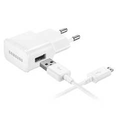 SAMSUNG Hálózati töltő adapter, 5V / 1550mA, USB aljzat, microUSB kábellel, Samsung, fehér, gyári