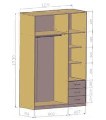 Veneti SIMELA kombinált gardróbszekrény - 127 cm széles, sonoma tölgy