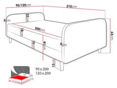 Veneti PELLO 3 egyszemélyes kárpitozott ágy fejtámlával 120x200 - rózsaszín