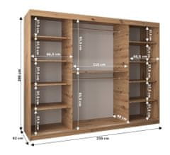 Veneti ADELA ruhaszekrény tükörrel - 250 cm, fekete / artisan tölgy