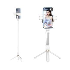 TKG STAND XT-06S Selfie bot - fehér, bluetooth távirányítós, tripoddá alakítható selfie bot LED világítással
