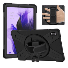 Defender műanyag telefonvédő (közepesen ütésálló, kitámasztó, 360°-ban forgatható + kézpánt) FEKETE [Samsung Galaxy Tab S7 FE 5G (SM-T736)]