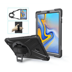 Defender műanyag telefonvédő (közepesen ütésálló, kitámasztó, 360°-ban forgatható + kézpánt, vállpánt) FEKETE [Samsung Galaxy Tab A 10.5 LTE (2018) SM-T595]