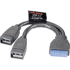 Akasa USB 3.0 adapter kábel, 19 pólusú, 2 x USB A aljzat, 15 cm, AK-CBUB09-15BK (AK-CBUB09-15BK)