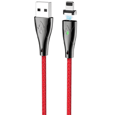 Hoco USB töltő- és adatkábel, Lightning, 120 cm, 3000 mA, mágneses, gyorstöltés, LED-es, cipőfűző minta, U75 Blaze, piros (RS93716)