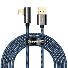 BASEUS USB töltő- és adatkábel, Lightning, 200 cm, 2400 mA, gyorstöltés, 90 fokos/derékszögű, cipőfűző minta, Legend, CACS000103, kék (RS122005)