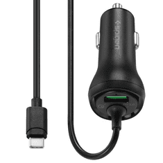 Spigen Autós töltő, Szivargyújtós töltő, 36W, USB aljzat, Beépített USB Type-C kábellel, gyorstöltés, PD 3.0, QC 3.0, SteadiBoost F30QC, fekete (S64950)