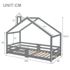 SONNENH Babaágy ház ágy a kéményről való leesés elleni védelemmel Robusztus léces rács ház fenyőfából ágy gyerekeknek, 90 x 200 cm matrac nélkül, szürke