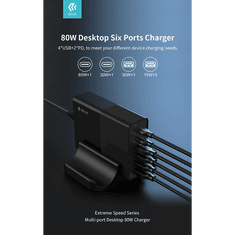 Devia asztali töltő állomás 4xUSB + 2xType-C PD bemenettel - 80W - ExtremeSpeed Series Multi-port Desktop Charger - fekete (ST359446)