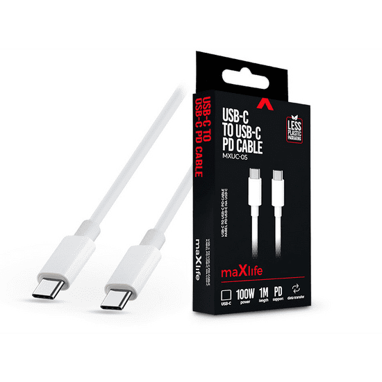 maXlife Type-C - Type-C adat- és töltőkábel 1 m-es vezetékkel - MXUC-05 USB-C to USB-C PD Cable - 100W - fehér (TF-0181)