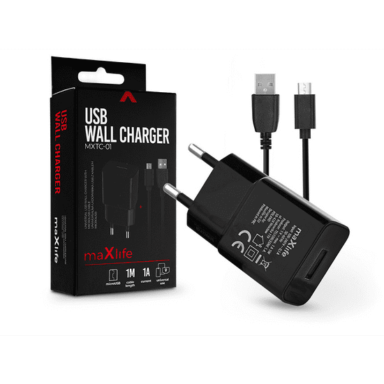 maXlife USB hálózati töltő adapter + micro USB adatkábel 1 m-es vezetékkel - MXTC-01 USB Wall Charger - 5V/1A - fekete (TF-0124)