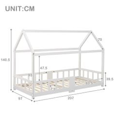 SONNENH Babaágy Ház 90 x 200 cm, Fa ágy gyerekszobába, táblával együtt | Lamela tartó | Esésvédő, fenyőfa, Fehér (matrac nélkül)