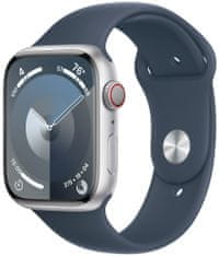 Apple Watch Series 9, Cellular, 45mm, ezüst, viharkék sport szíj - M/L (MRMH3QC/A)