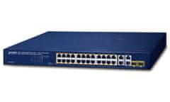 Planet GSW-2824P PoE switch, 26x 1Gb + 2x SFP 1Gb, VLAN, bővítési mód 10Mb-250m, 802.3at, 802.3az, 250W PoE Budget