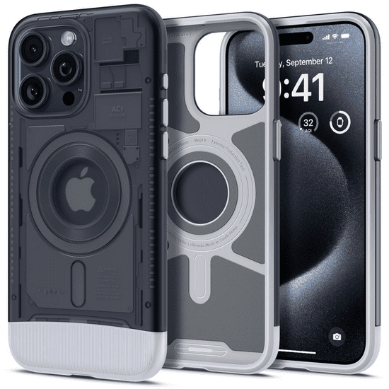 Spigen Apple iPhone 15 Pro Max, Műanyag hátlap védőtok, szilikon belső, Magsafe töltővel kompatibilis, Classic C1 Mag, szürke (8809896749565)