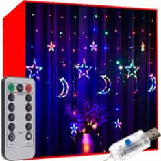Malatec Újévi fények fényfüggöny 138 LED RGB 8 funkciók USB csillag és hold