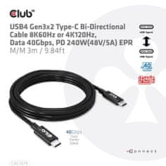 Club 3D USB4 Gen3x2 Type C 8K60Hz UHD Power Delivery 240W kábel, (M/M), 300cm (CAC-1579)