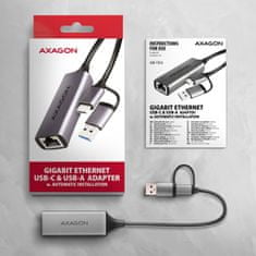 AXAGON ADE-TXCA, USB-C + USB-A 3.2 Gen 1 - Gigabit Ethernet hálózati kártya, Asix AX88179, automatikus telepítés