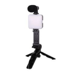 MG Phone Tripod telefontartó LED világitással és mikrofonnal, fekete