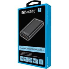 Sandberg Powerbank 20000mAh, USB-C PD 65W + 2x QC3.0, fekete