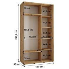 Veneti ASIRI 3 gardróbszekrény - 130/45 cm, fehér / artisan tölgy / fekete