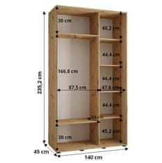 Veneti ASIRI 2 gardróbszekrény - 140/45 cm, fehér / ezüst