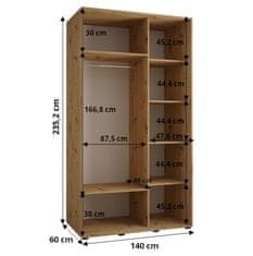 Veneti ASIRI 3 gardróbszekrény - 140/60 cm, fehér artisan tölgy / fekete