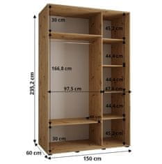 Veneti ASIRI 4 gardróbszekrény - 150/60 cm, fekete / artisan tölgy / ezüst