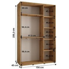 Veneti ASIRI 12 gardróbszekrény - 150/45 cm, fekete / fehér / ezüst