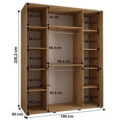 Veneti ASIRI 6 gardróbszekrény - 190/60 cm, fehér / artisan tölgy / ezüst