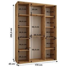 Veneti ASIRI 12 gardróbszekrény - 170/45 cm, fehér / artisan tölgy / fekete