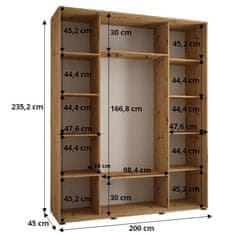 Veneti ASIRI 3 gardróbszekrény - 200/45 cm, fehér / artisan tölgy / ezüst