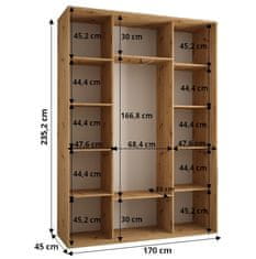 Veneti ASIRI 6 gardróbszekrény - 170/45 cm, fehér / artisan tölgy / ezüst