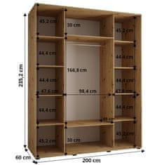 Veneti ASIRI 4 gardróbszekrény - 200/60 cm, artisan tölgy / fekete / fekete