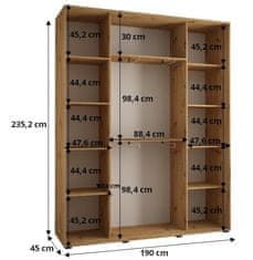 Veneti ASIRI 3 gardróbszekrény - 190/45 cm, fehér / artisan tölgy / fekete