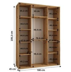 Veneti ASIRI 3 gardróbszekrény - 180/45 cm, fehér / fekete / arany