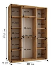 Veneti ASIRI 13 gardróbszekrény - 160/45 cm, fehér / artisan tölgy / fekete